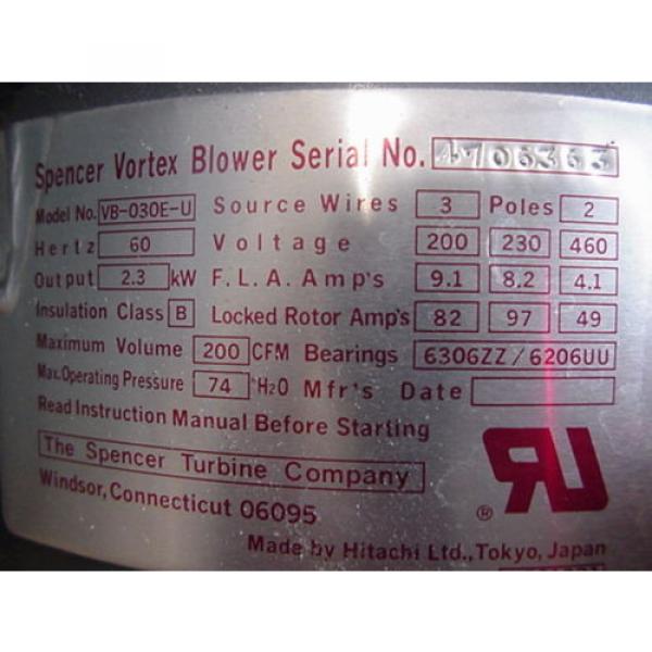 Spencer VB-030 regenerative air blower vacuum 3ph 208-230/460v Hitachi Gast #3 image